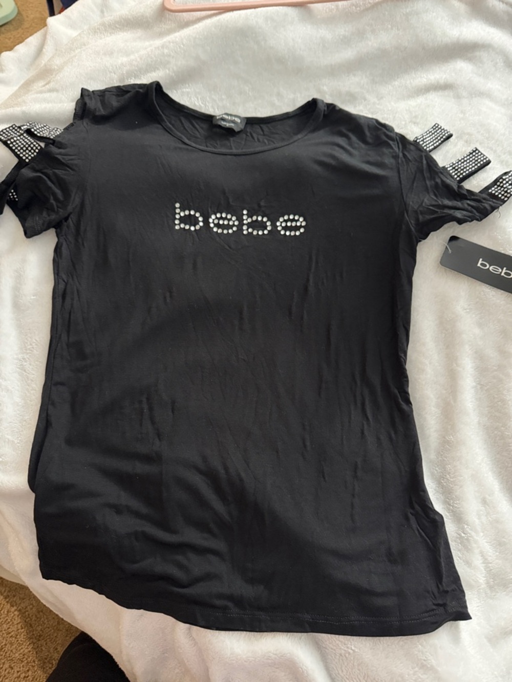 bebe Black Embellished Logo Short Sleeve Top